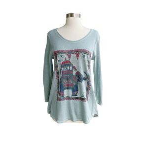 Lucky Brand Top S Elephant Ride Boho Graphic Print Pullover 3/4 Sleeve Knit Tee